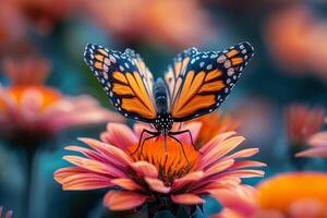 AI Generated Butterfly on a blooming flower photo
