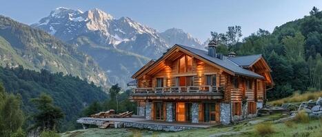 AI Generated Cabin in Alpine Region for Mountain Adventures photo