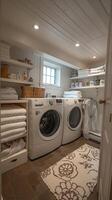 AI Generated Bright and functional laundry room with ample storage and folding space photo