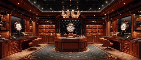 AI Generated Boutique luxury watch shop with secure displays leather chairs photo