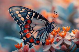 AI Generated Butterfly on a blooming flower photo