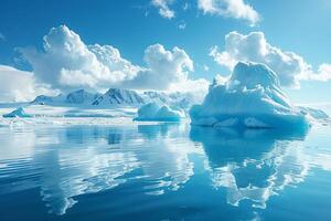 ai generado icebergs flotante en un glacial laguna foto