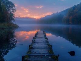 AI Generated Calm Lake at Dawn with Wooden Dock photo