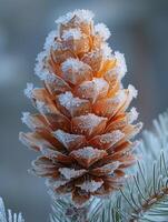 AI Generated Macro shot of frost on a pine cone photo