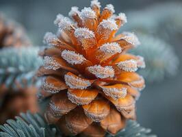 AI Generated Macro shot of frost on a pine cone photo