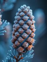 AI Generated Macro shot of frost on a pine cone photo