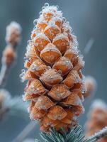 AI Generated Macro shot of frost on a pine cone photo