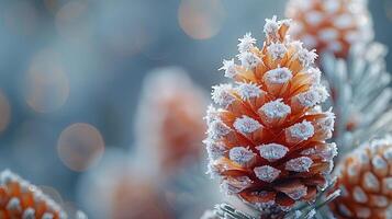 AI Generated Macro shot of frost on a pine cone photo