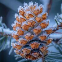 AI Generated Macro shot of frost on a pine cone photo