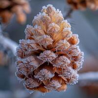 AI Generated Macro shot of frost on a pine cone photo