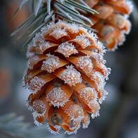 AI Generated Macro shot of frost on a pine cone photo