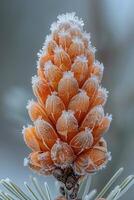 AI Generated Macro shot of frost on a pine cone photo