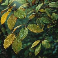 ai generado lustroso empapado de lluvia hojas en un bosque foto