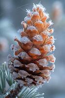 AI Generated Macro shot of frost on a pine cone photo