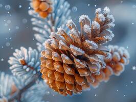 AI Generated Macro shot of frost on a pine cone photo