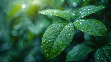 ai generado lustroso empapado de lluvia hojas en un bosque foto