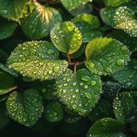 AI Generated Glistening dew on fresh green leaves photo