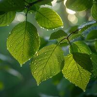 AI Generated Glossy rain-soaked leaves in a forest photo