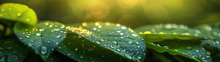 AI Generated Glistening dew on fresh green leaves photo