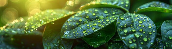 ai generado brillante Rocío en Fresco verde hojas foto