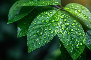 AI Generated Glistening dew on fresh green leaves photo