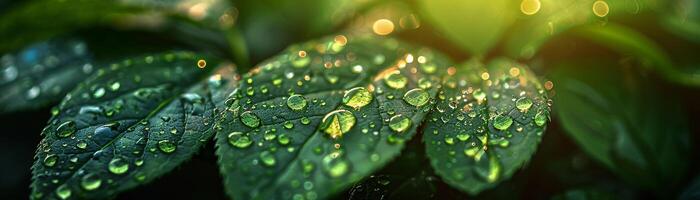 AI Generated Glistening dew on fresh green leaves photo