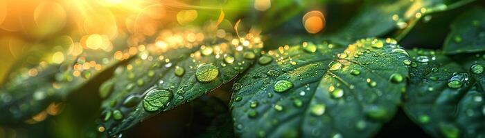 AI Generated Glistening dew on fresh green leaves photo