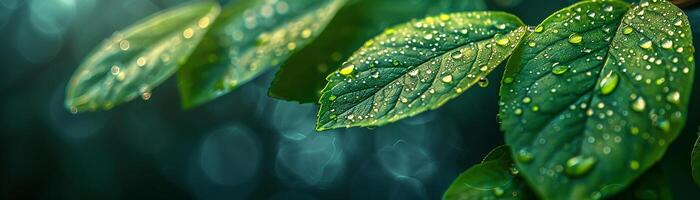 AI Generated Glistening dew on fresh green leaves photo