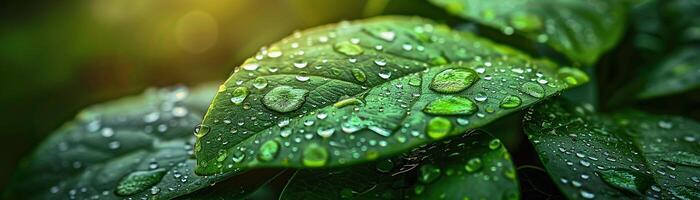 AI Generated Glistening dew on fresh green leaves photo