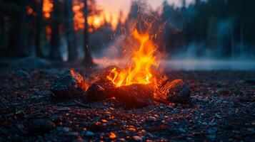 AI Generated Glowing embers in a campfire photo