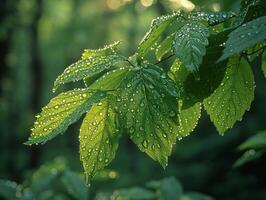ai generado lustroso empapado de lluvia hojas en un bosque foto