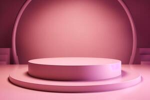 AI generated Minimalist rose geometric pedestal for product showcase. Pink background. Empty mock up template photo