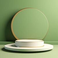 AI generated 3d background podium for products display with beige pedestal and green backdrop. Minimalist stand to show cosmetic products. photo