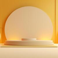 AI generated 3d rendering white podium round geometry with grey on the yellow background for product display mockup background or modern graphic resource template photo
