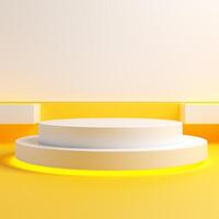 AI generated 3d rendering white podium round geometry with grey on the yellow background for product display mockup background or modern graphic resource template photo