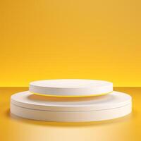 AI generated 3d rendering white podium round geometry with grey on the yellow background for product display mockup background or modern graphic resource template photo