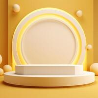 AI generated 3d rendering white podium round geometry with grey on the yellow background for product display mockup background or modern graphic resource template photo
