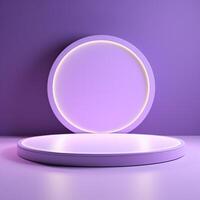 AI generated Bright violet interior scene with round pedestal and light of the window photo