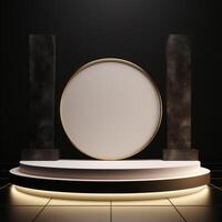 AI generated black cylinder podiums with golden line circle on dark background, geometric, round realistic pedestal, cosmetic showcase, template, copy space, advertising, product display, photo