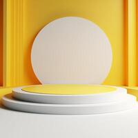 AI generated 3d rendering white podium round geometry with grey on the yellow background for product display mockup background or modern graphic resource template photo