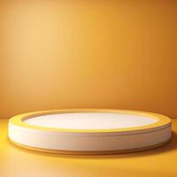 AI generated 3d rendering white podium round geometry with grey on the yellow background for product display mockup background or modern graphic resource template photo