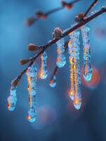 AI Generated Frozen icicles hanging from a branch photo