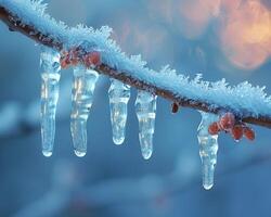 AI Generated Frozen icicles hanging from a branch photo