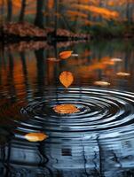 AI Generated Ripples on a serene pond surface touched by falling autumn leaves photo