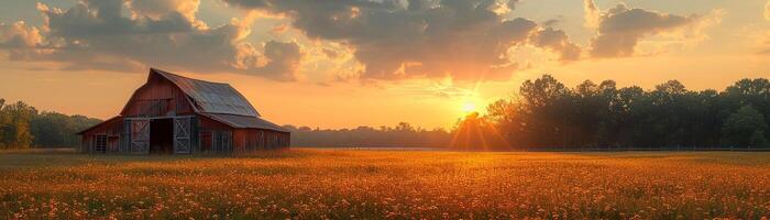 ai generado rústico granero en un dorado campo a puesta de sol foto