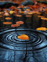 AI Generated Ripples on a serene pond surface touched by falling autumn leaves photo