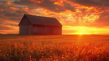 ai generado rústico granero en un dorado campo a puesta de sol foto