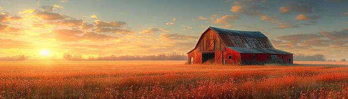 AI Generated Rustic barn in a golden field at sunset photo