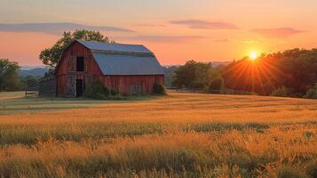 AI Generated Rustic barn in a golden field at sunset photo