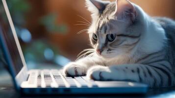 AI generated Cute cat in close up sitting with laptop. Online work and schooling. Generative AI photo